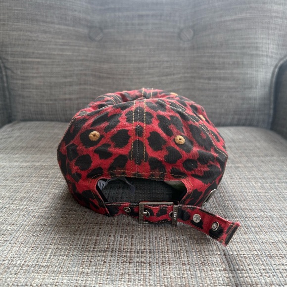 Ganni Red and Black Leopard-Print Baseball Cap with Hardware - Picture 3 of 5